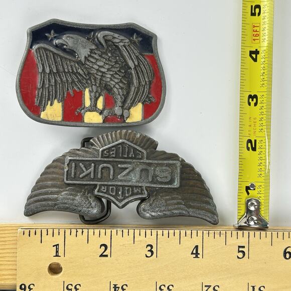 Lot of 2 Eagle Brass Buckle Suzuki Motor Cycles + Eagle Enameled Flag Patriotic - Picture 14 of 16